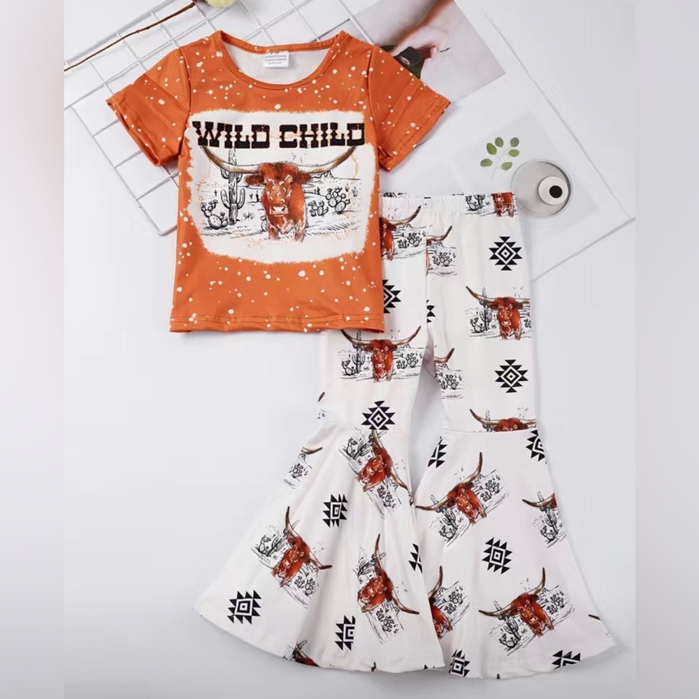 Girls Boutique Western Steer WILD CHILD Graphic Top & Bell Bottoms Pants Set